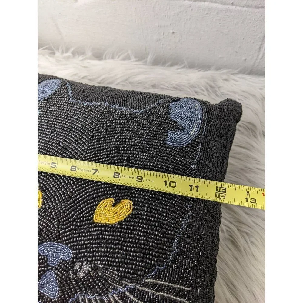 Pier1 Black‎ Cat Yellow eyes Beaded Pillow Gosh Halloween Spooky Decor 12X12